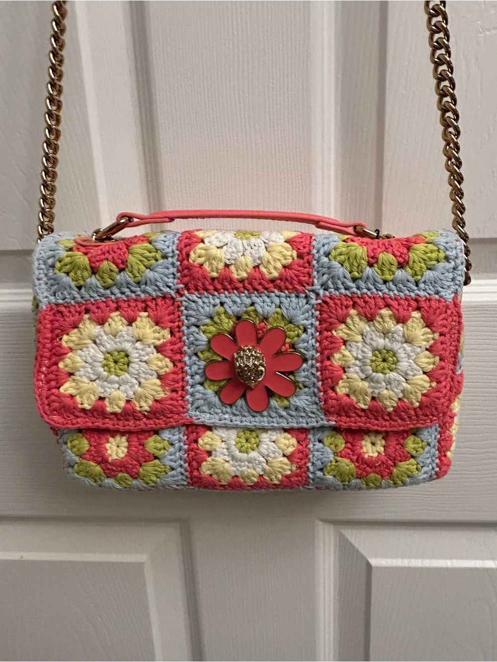 Kurt Geiger Crochet Floral Patchwork Crossbody - Coral, Light Blue, Cream, Lime